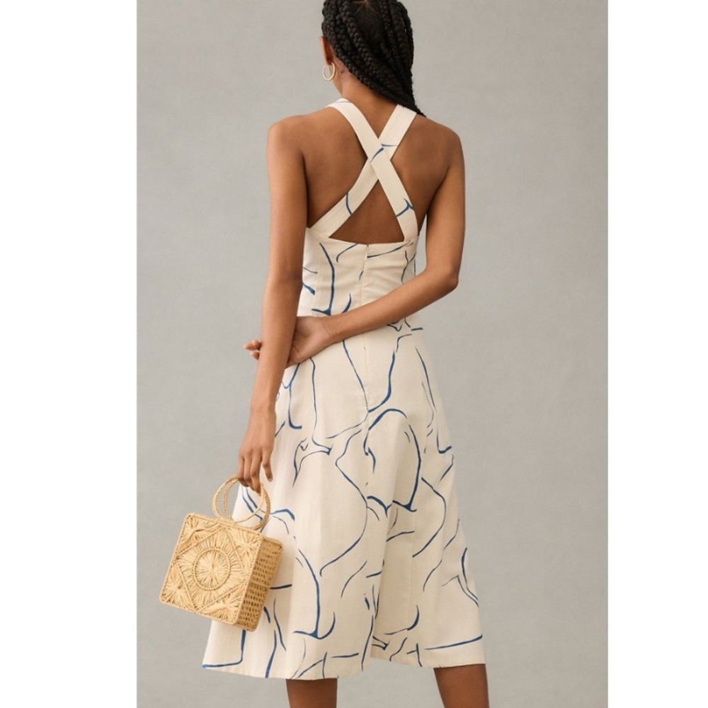 Corey Lynn Calter Printed Square-Neck Dress Cotton Linen Midi Size Small - Picture 2 of 8